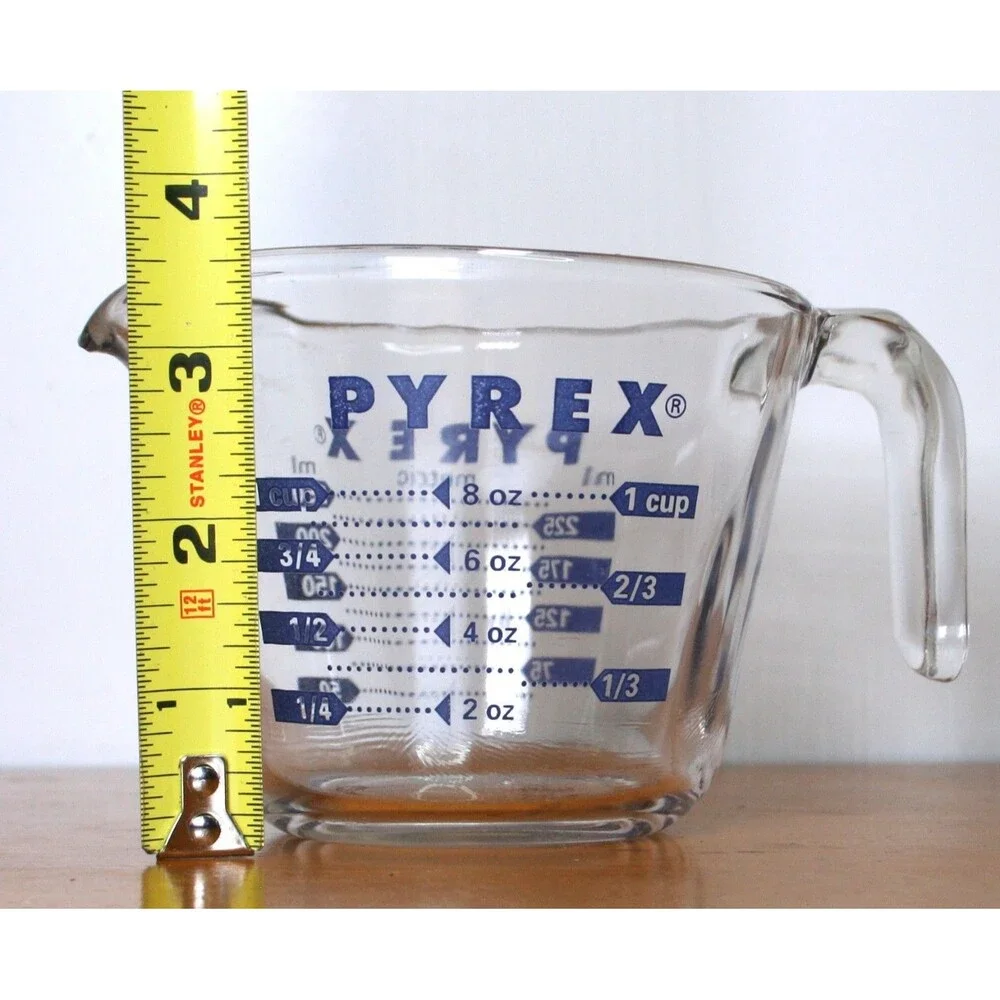 Vintage Pyrex 508 Measuring Cup • 1 Cup 8 oz Blue Text Open Handle • Made in USA